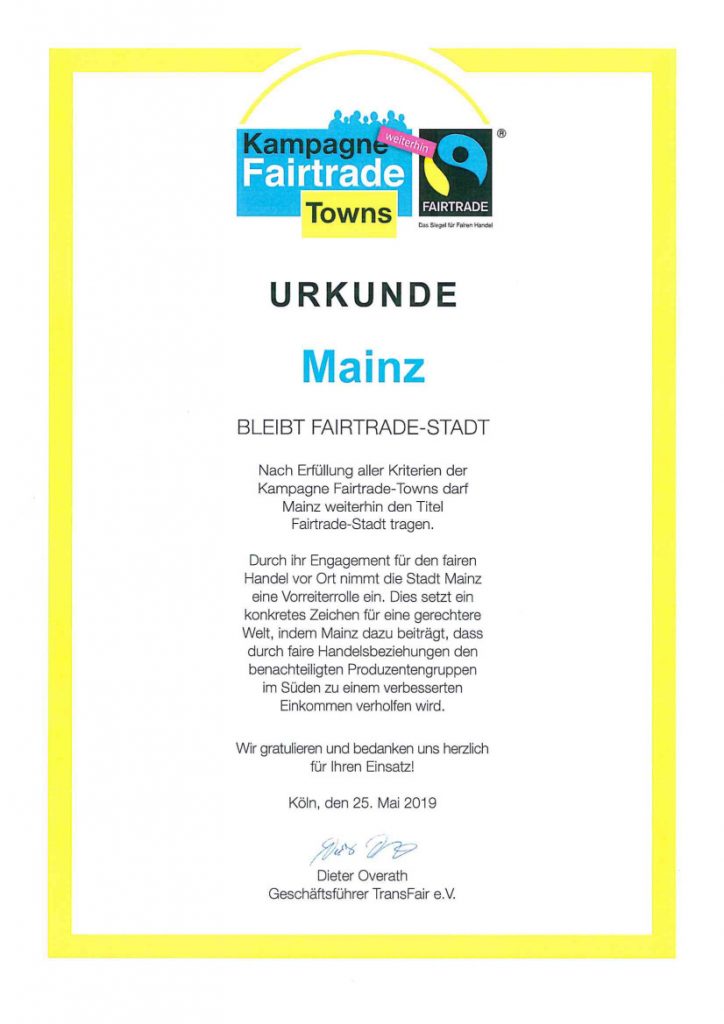 Fairtrade Urkunde der Stadt Mainz